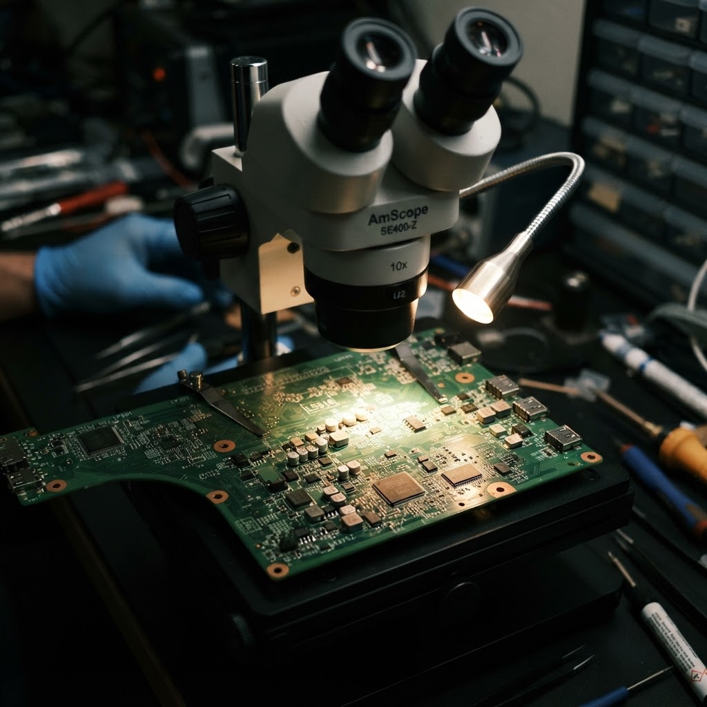 Laptopmoederbord onder de microscoop tijdens component-level diagnose