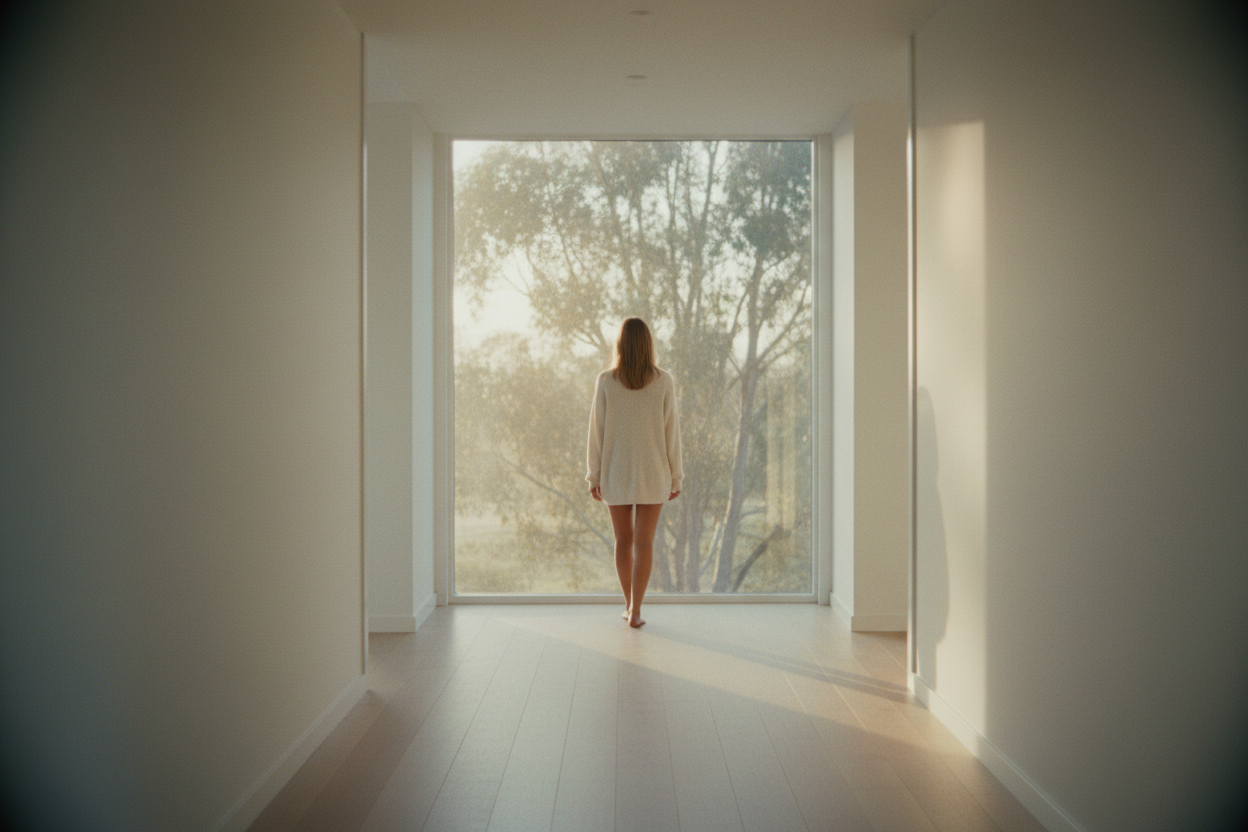 Woman standing in decluttered hallway looking out at Australian landscape