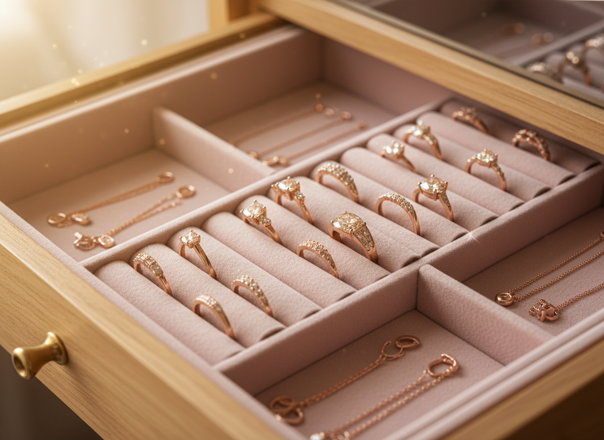 Beautifully organized jewelry drawer with velvet lining