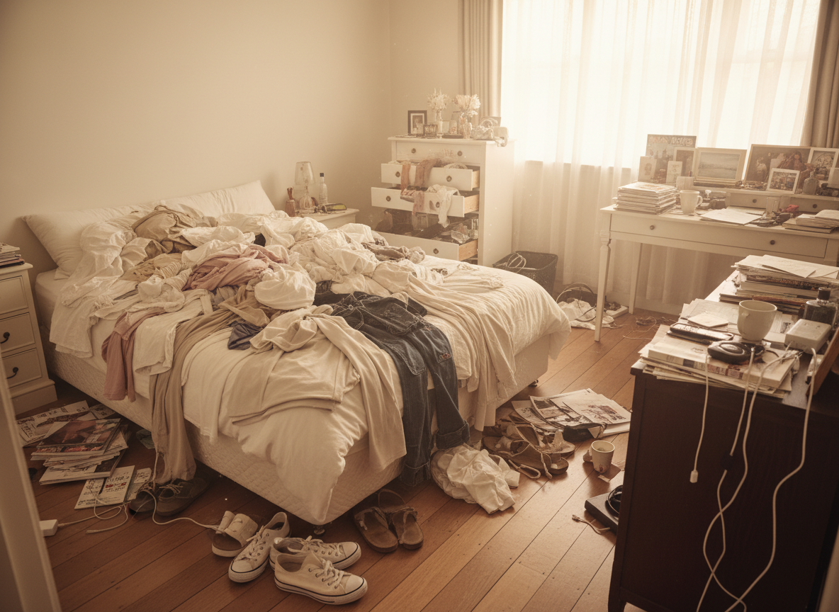 Cluttered bedroom before decluttering