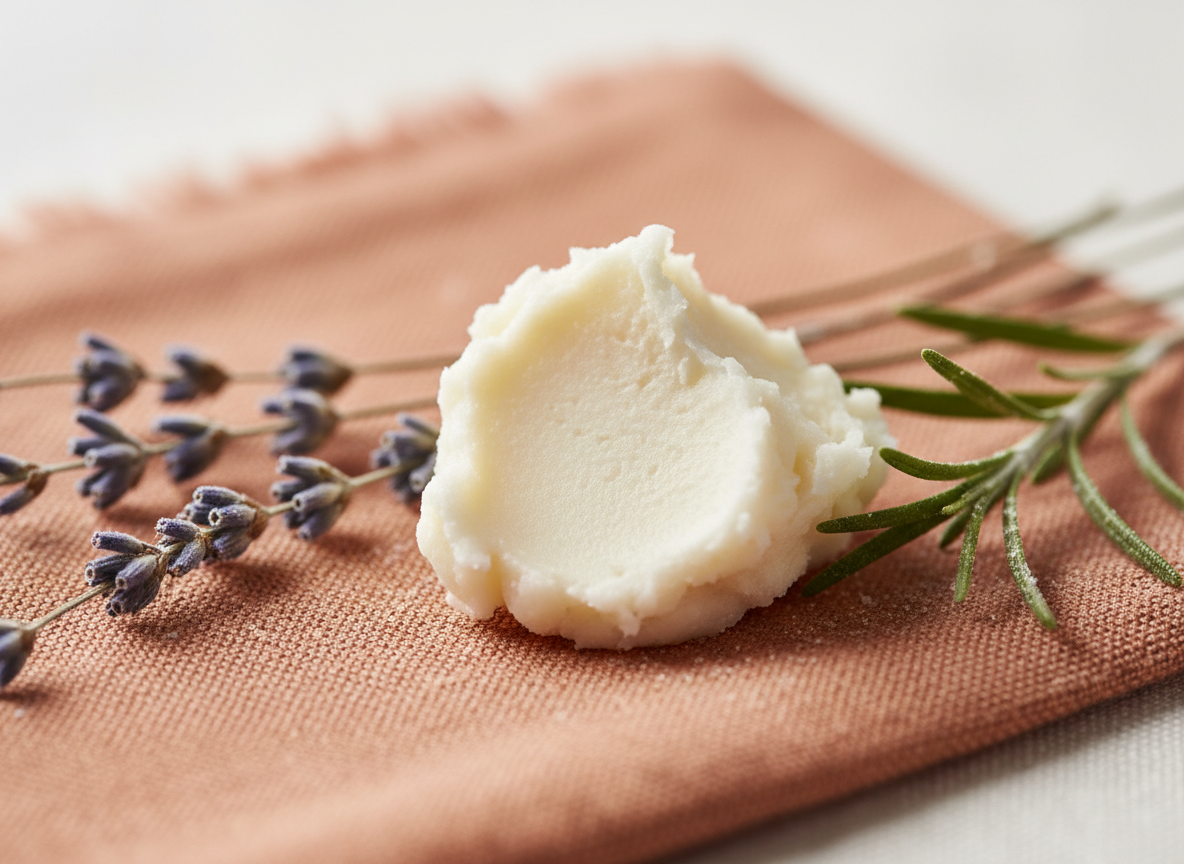Unt de shea organic, crenguțe de lavandă și rozmarin pe textură de in natural