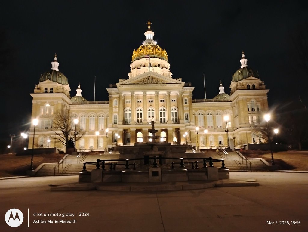 Iowa State Capitol building at night, photographed March 5, 2026