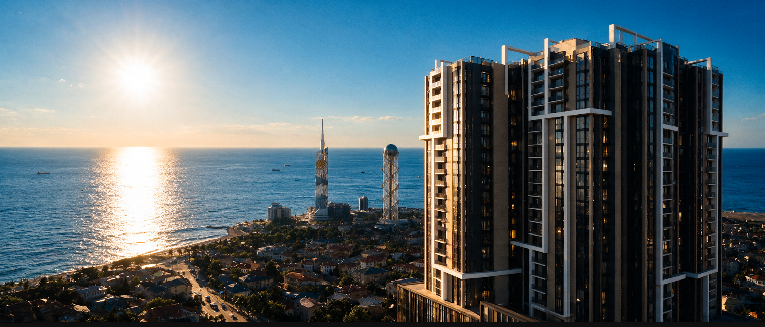 Mardi City Center tower overlooking the Batumi coastline and Black Sea at sunset