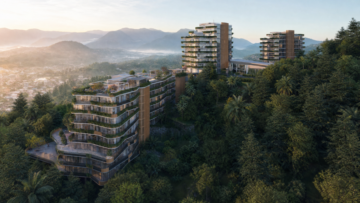 Hillside setting and landscaped terraces