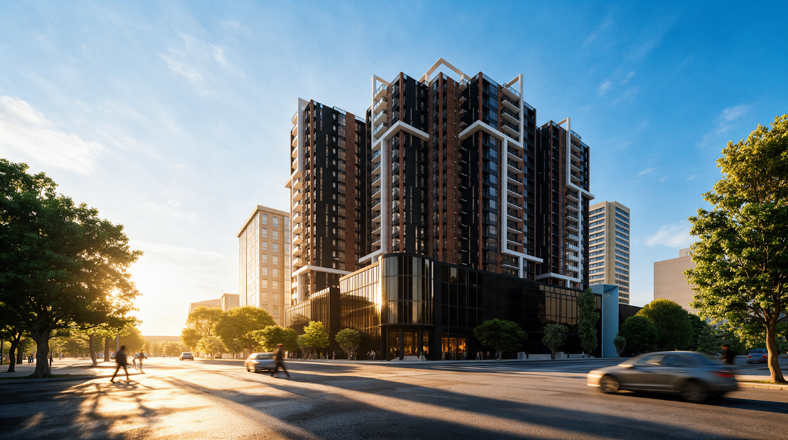 Street-level view of the Mardi City Center towers and glass podium in central Batumi