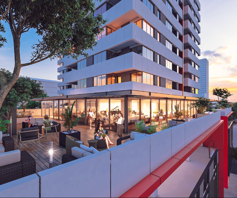 Resident terrace and podium at Mardi Stadium at dusk