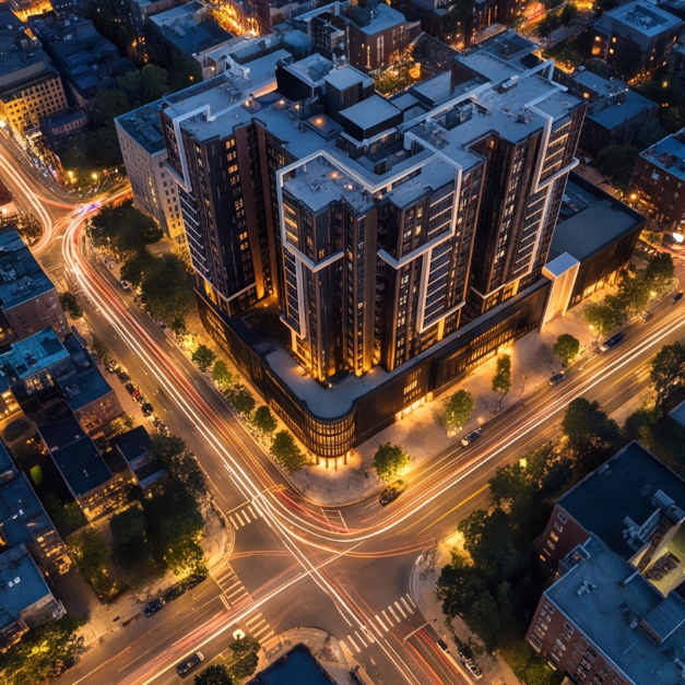 Aerial view of Mardi City Center at twilight above the illuminated city intersection