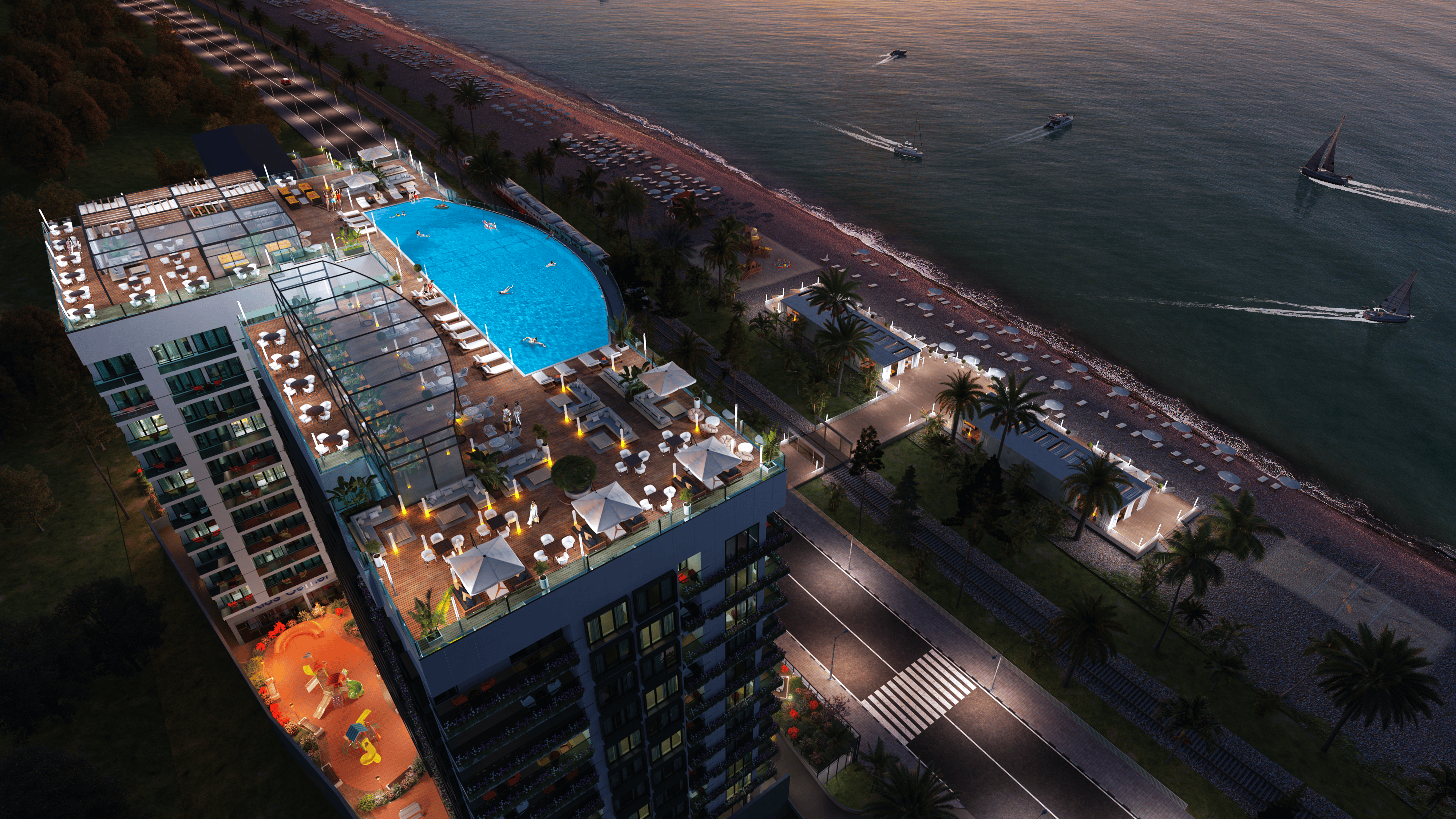 Novotel Living Batumi rooftop pool and beach at dusk