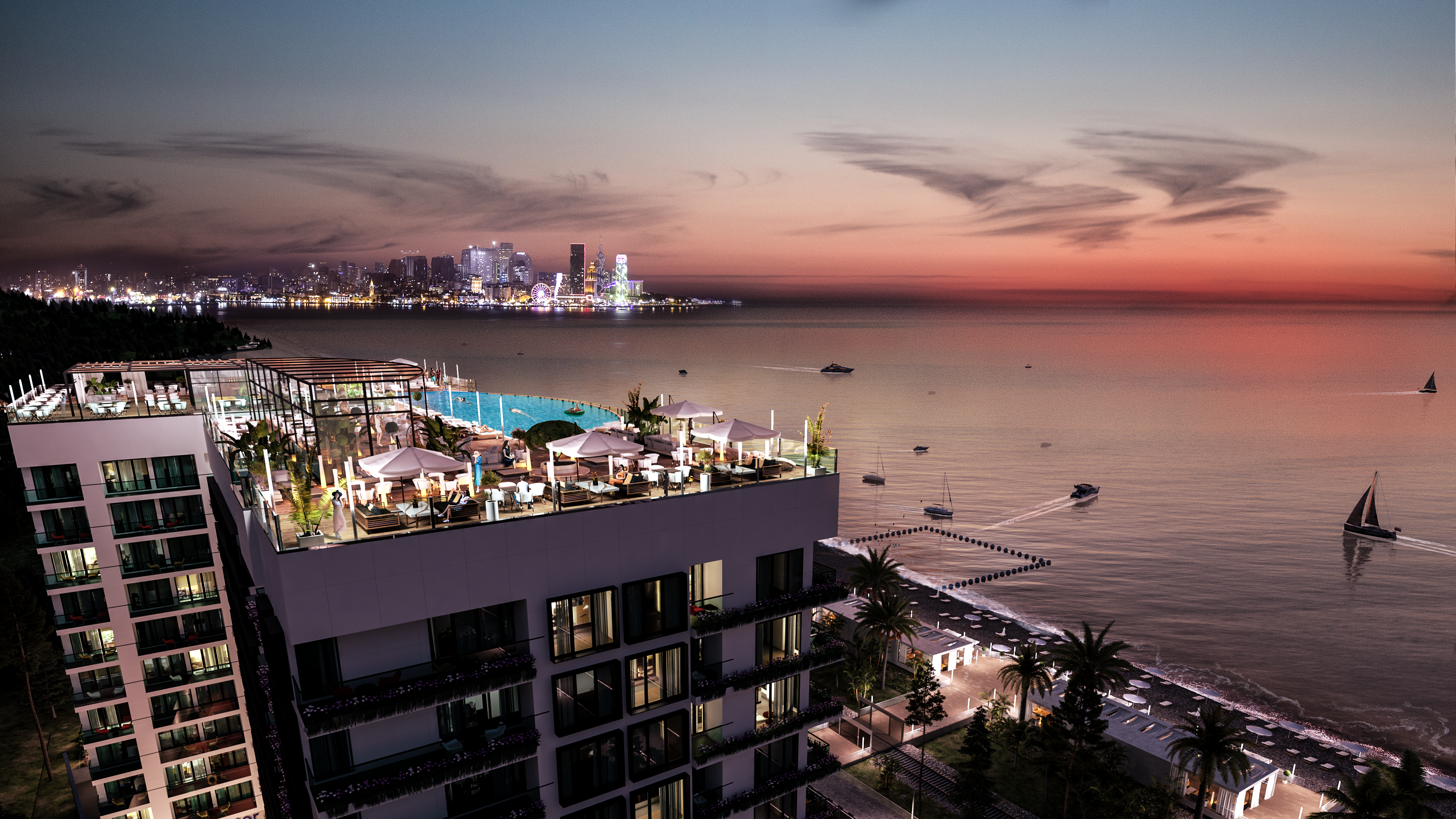 Rooftop terrace of Novotel Living Batumi overlooking the Black Sea and the Batumi skyline at sunset