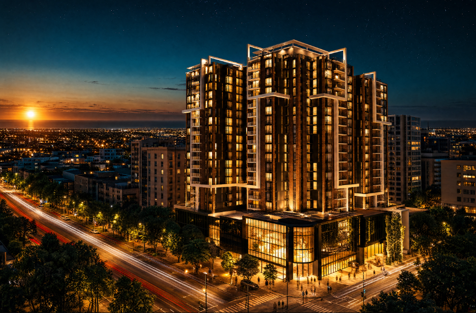 Mardi City Center residential tower and glass podium at sunset