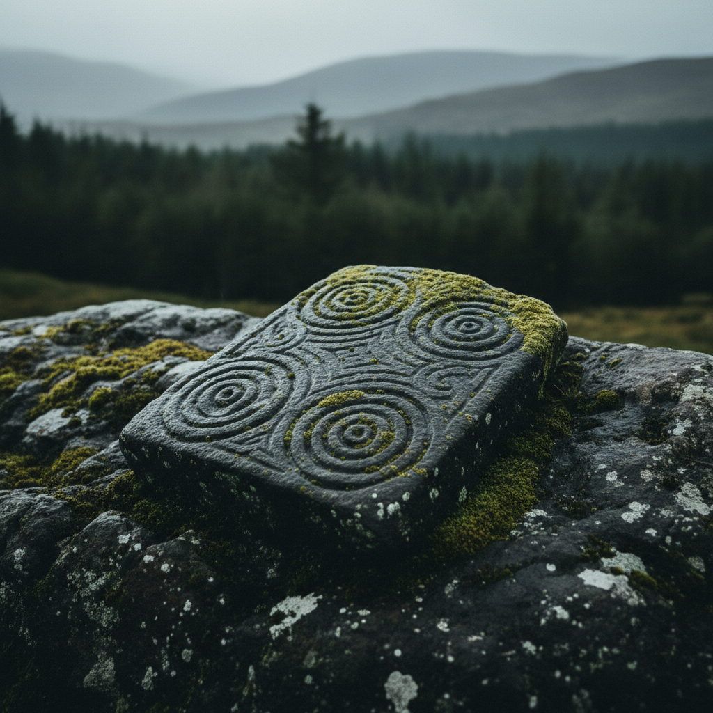 Ancient Celtic knotwork stone in the Scottish Highlands