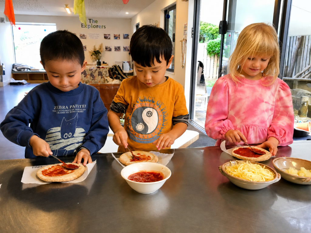 Children making pizza together