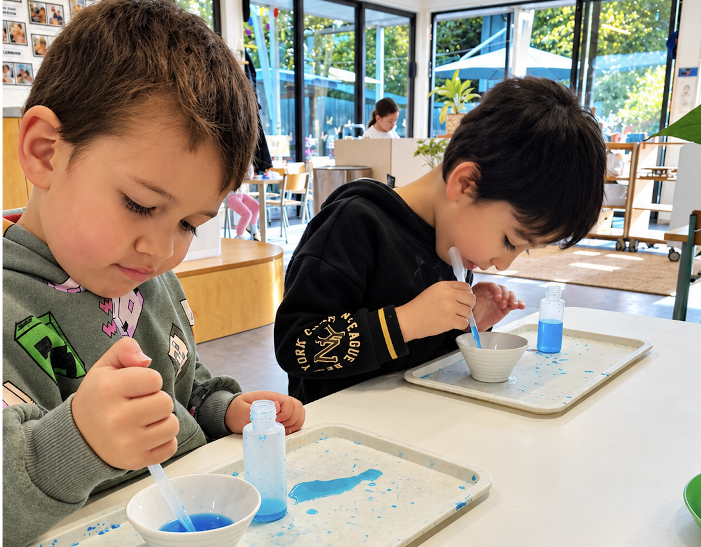 Two children pipetting blue liquid during a science activity