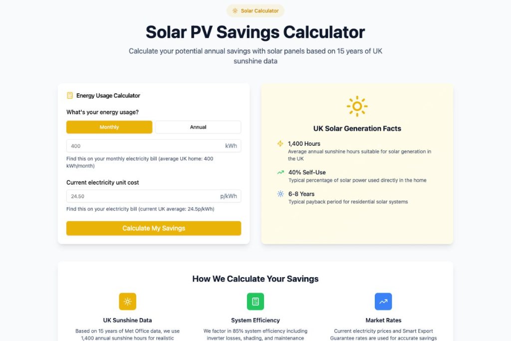 Solar PV savings calculator interface showing energy usage calculator and UK solar generation facts