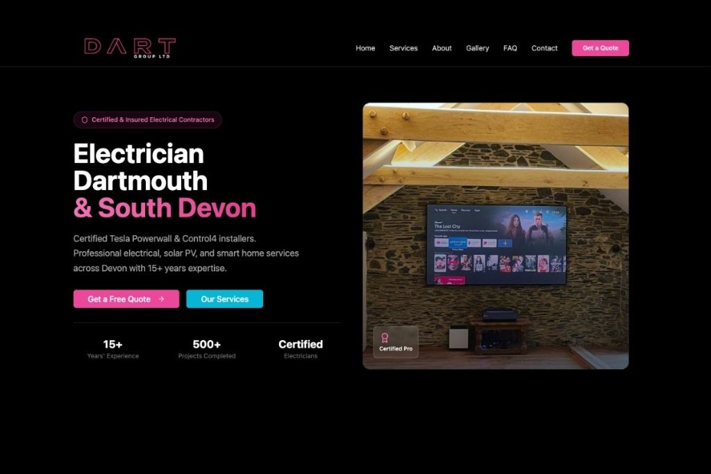 Dart Group South Devon electrician website homepage with service listings and quote request form