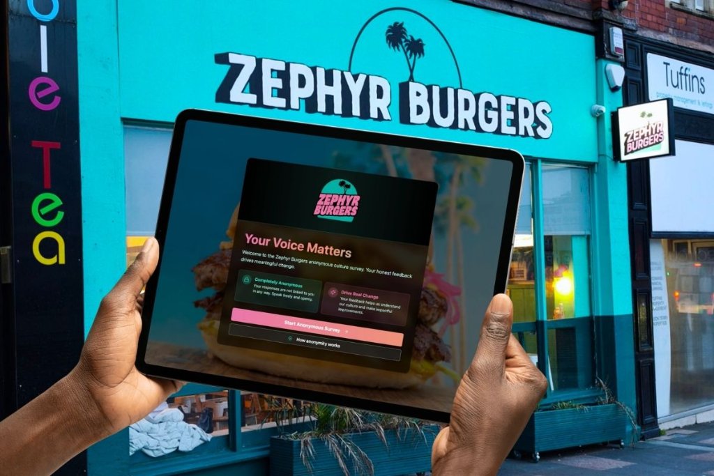 Zephyr Burgers culture pulse survey app showing employee feedback form and team engagement metrics