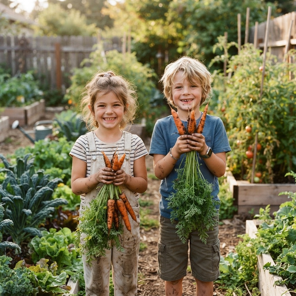 Children holding freshly picked carrots in a vegetable garden