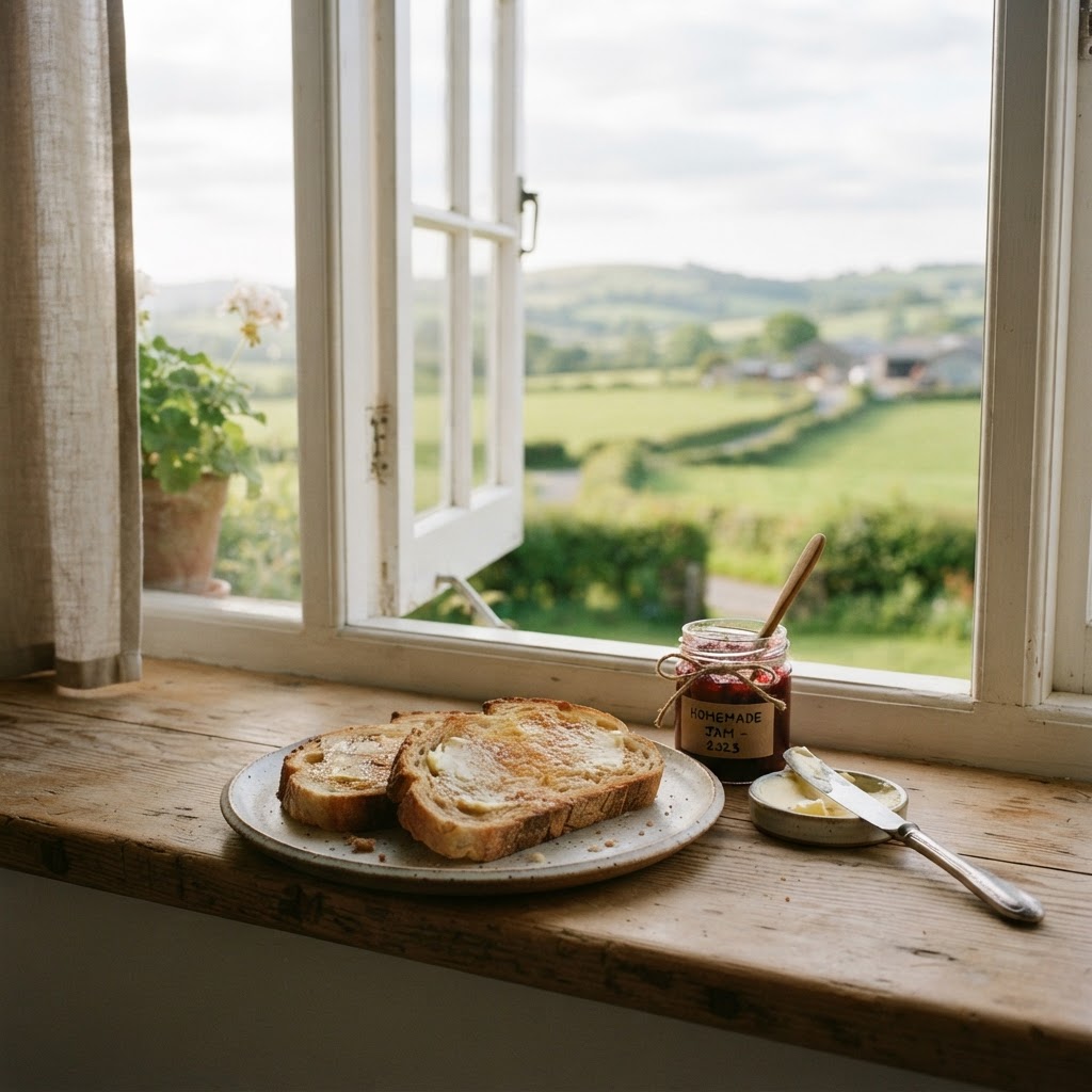 Homemade toast with jam and butter on a plate in a homestead kitchen window with a countryside view