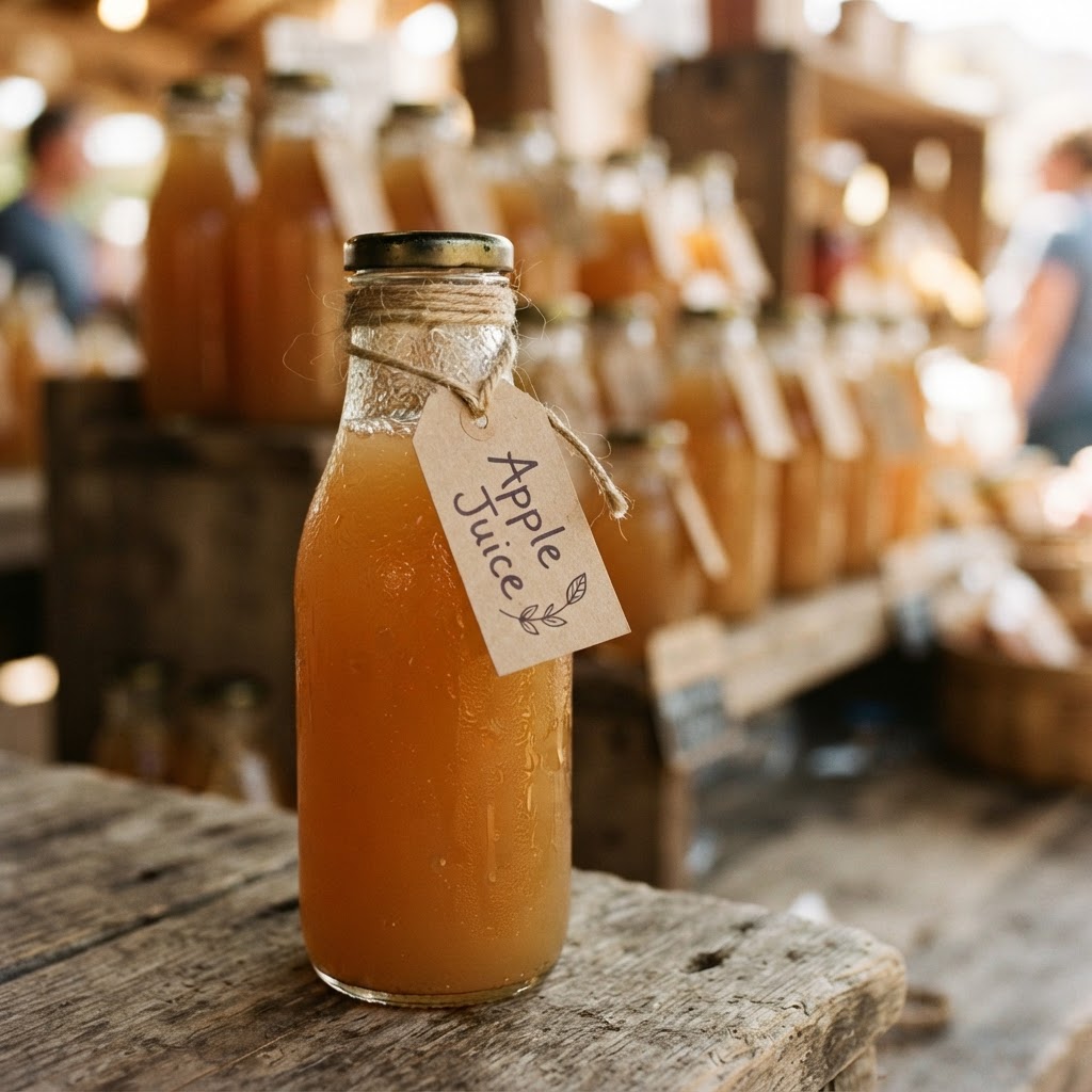 Glass bottle of fresh apple juice with a rustic hand-written label, with many bottles in the background