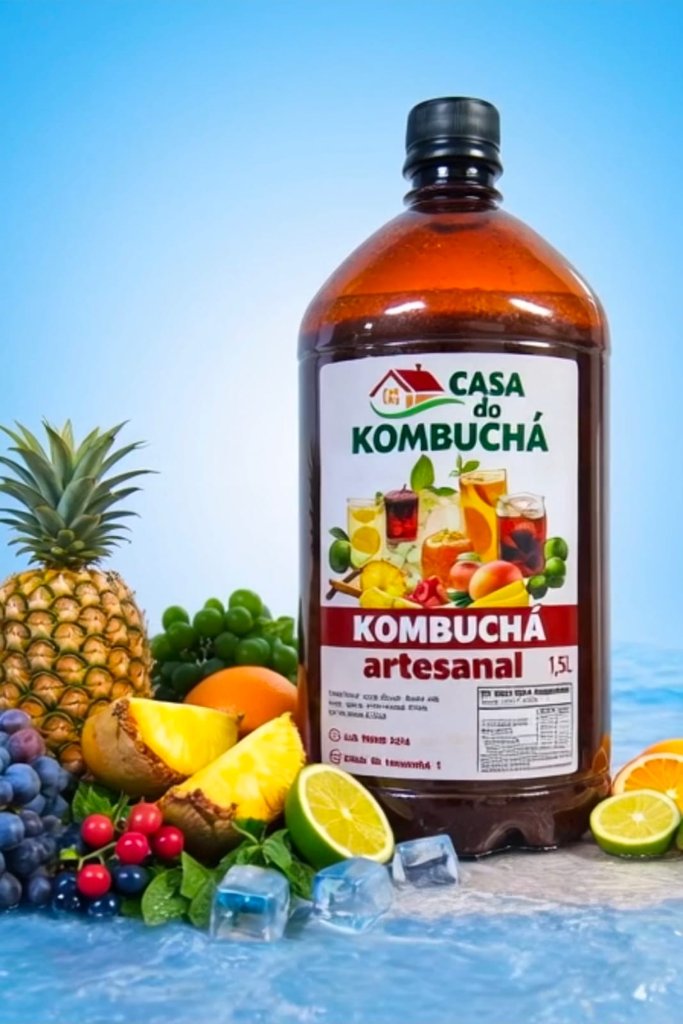 Kombuchá sendo servido em um copo com gelo