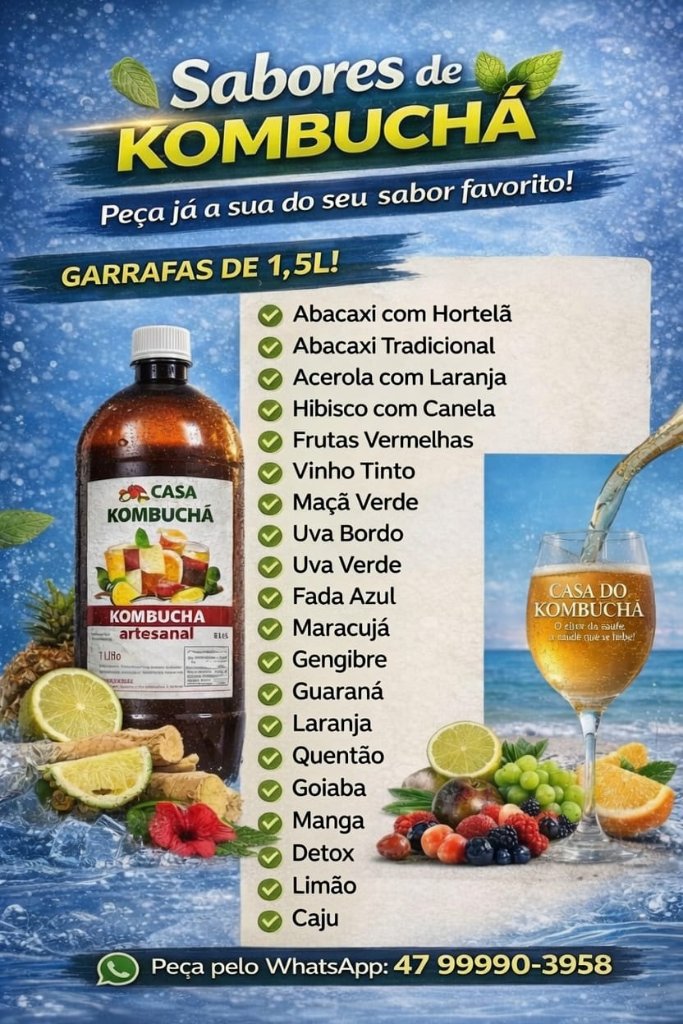 Kombuchá artesanal com frutas frescas e ingredientes naturais