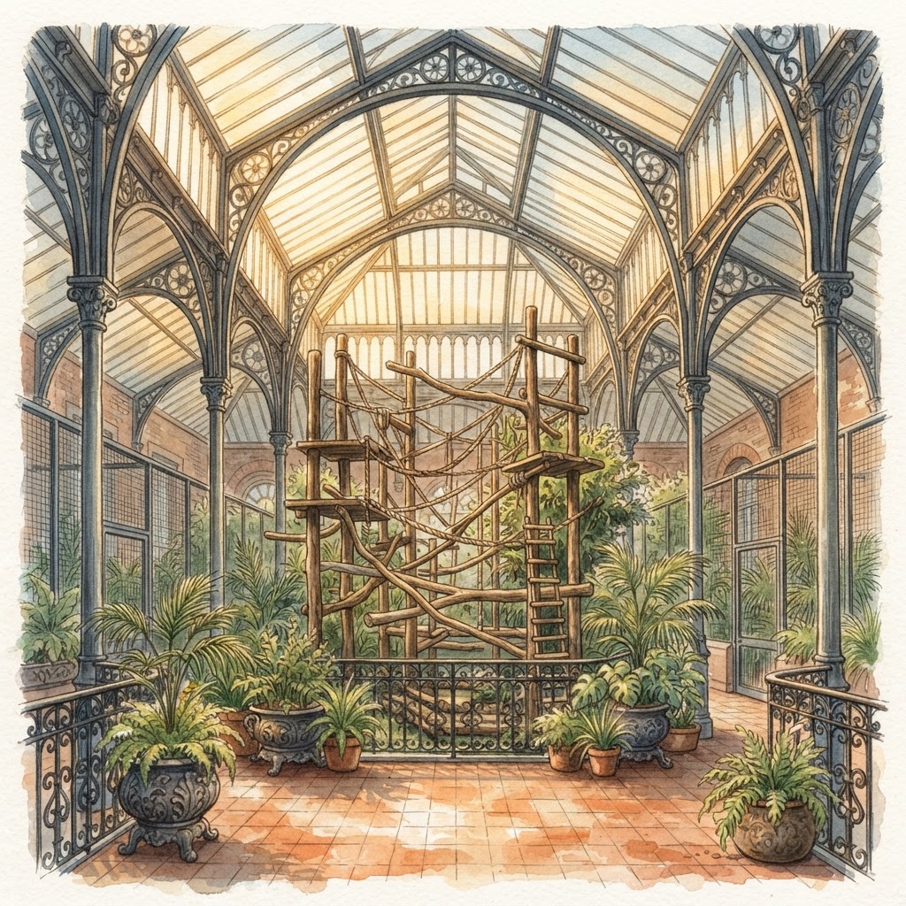 A grand Victorian monkey house interior at the zoo.