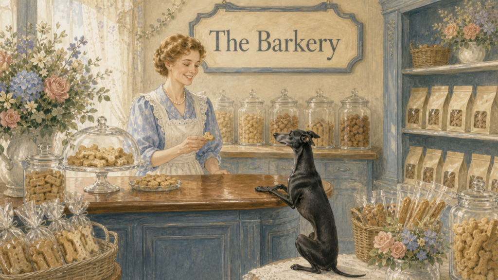 The interior of The Barkery, a warm painted dog bakery: a woman in a floral shirt and apron behind a wooden counter holding out a bone-shaped treat to a black Italian Greyhound, with glass jars of treats, a faded blue hutch of paper bags, and a 'The Barkery' sign on the back wall.