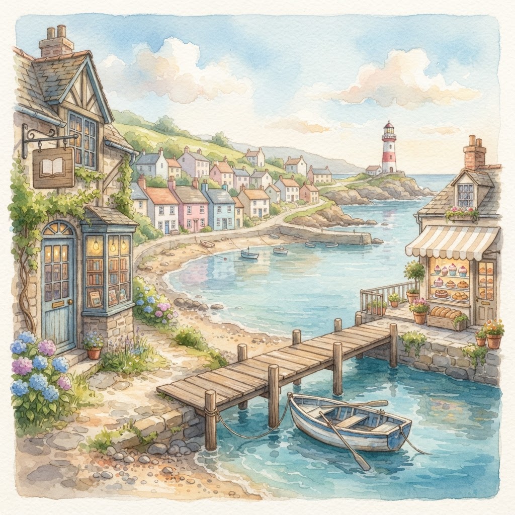 A soft watercolour seaside harbour: a bookshop on the left, a beachfront bakery on the right, a wooden jetty with a little rowboat.