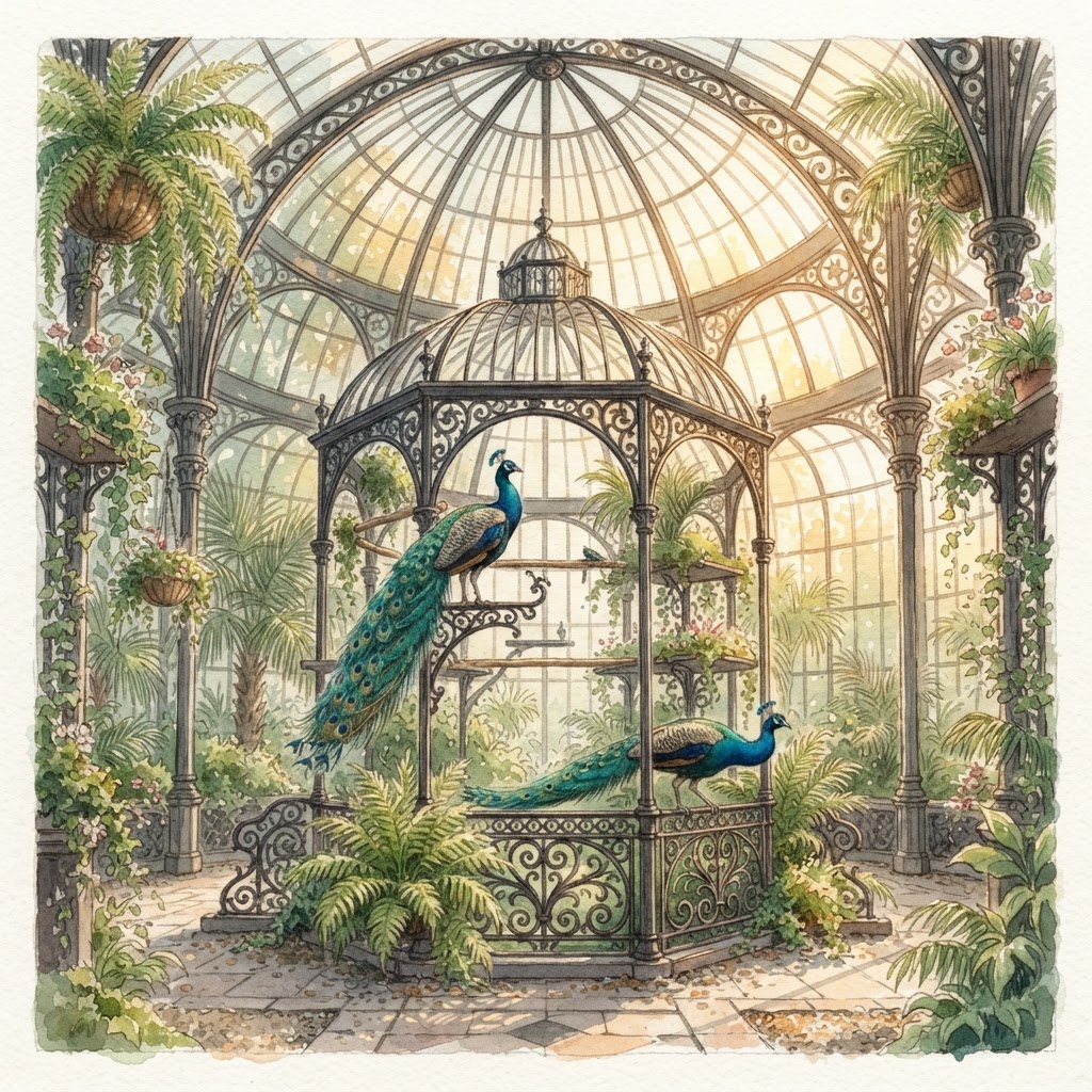 A grand Victorian aviary with peacocks at the zoo.
