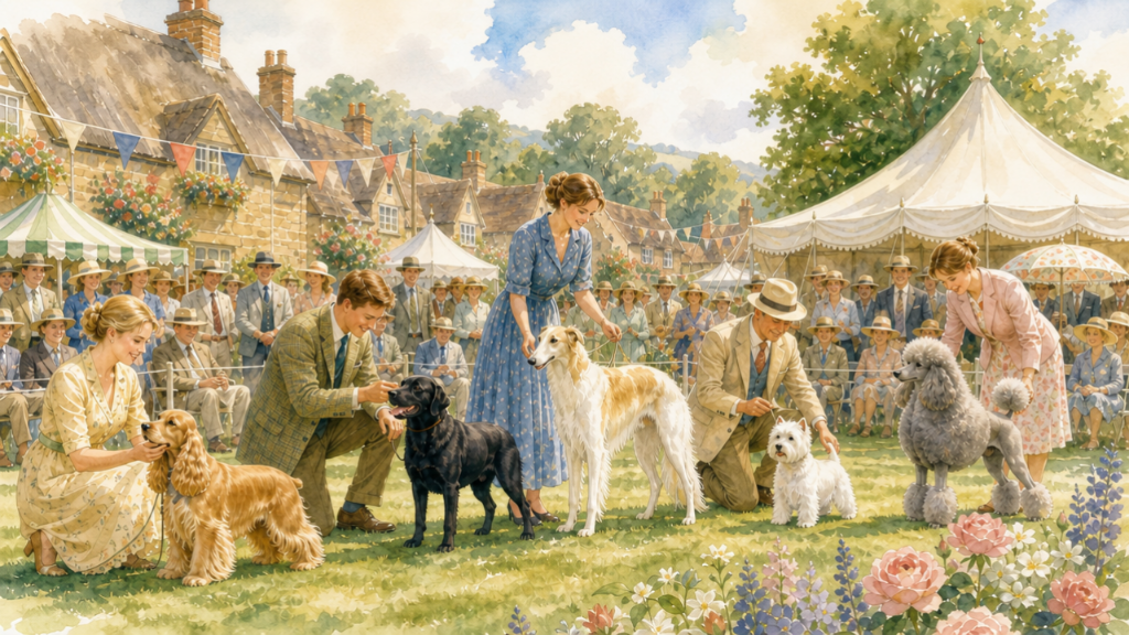 The Foxcroft village dog show on the green: handlers and their dogs lined up before the crowd, bunting and a white marquee behind stone cottages — soft watercolour.