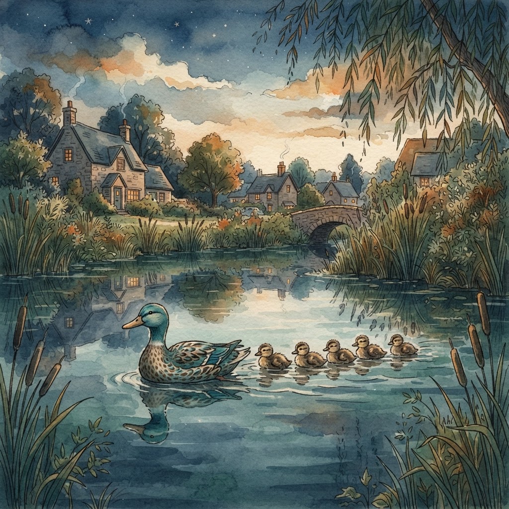 Mother mallard and ducklings on the village pond