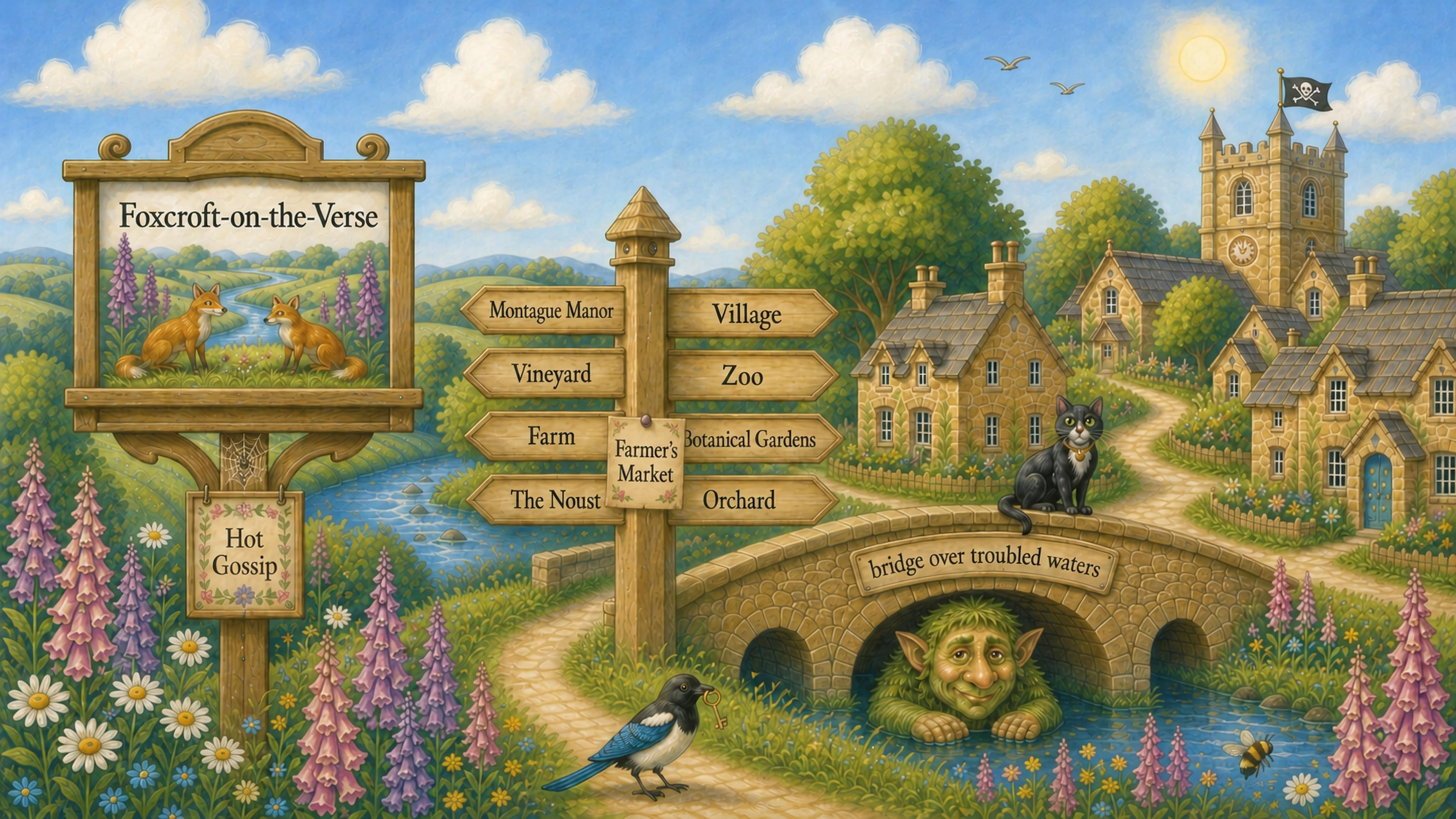 Foxcroft-on-the-Verse: a painted village scene — a dirt path winding toward a stone bridge over a stream, a signpost on the left with a fox illustration and a 'Hot Gossip' sign, stone cottages and a church tower among green hills under a blue sky, a magpie carrying a gold key, foxgloves and daisies in the foreground.