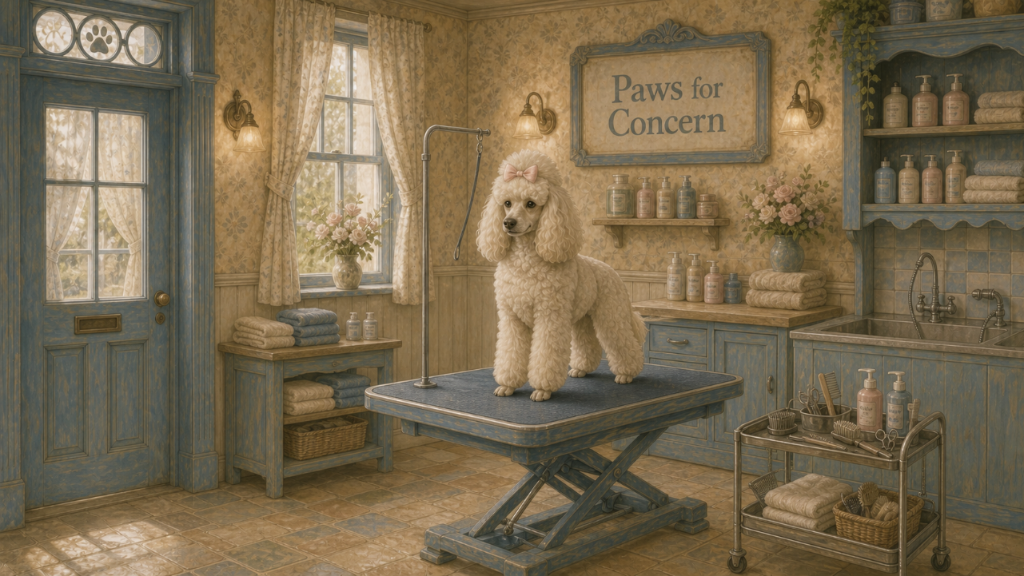 The interior of Paws for Concern, a painted dog-groomer room with a blue door, a poodle on a blue grooming table wearing a pink bow, a 'Paws for Concern' sign on the back wall, blue cabinetry and shelves of grooming supplies, a sink station and a wheeled cart of brushes and towels.
