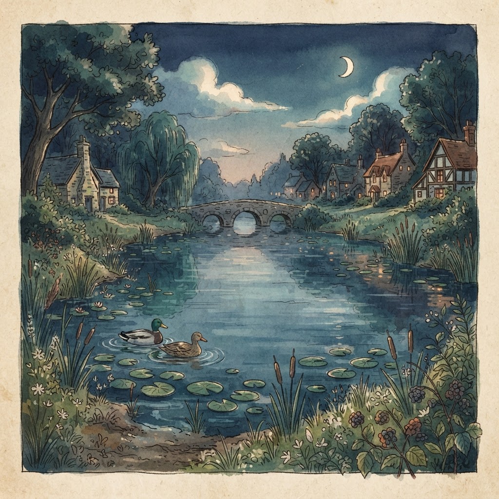 The village duck pond at dusk