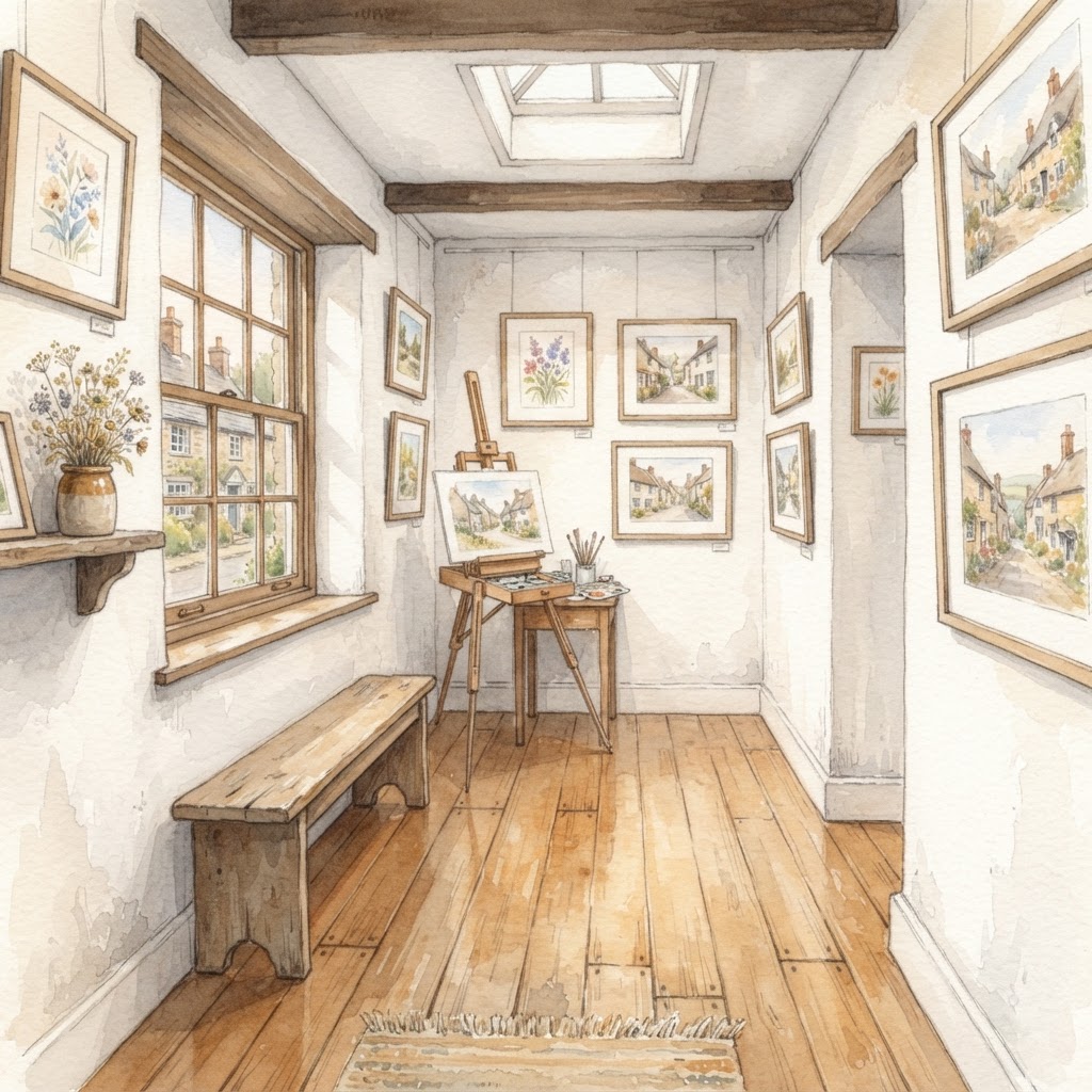 A quiet village art gallery interior: white-washed walls with framed paintings, a wooden bench, an easel and soft light from a skylight and sash window — soft watercolour.