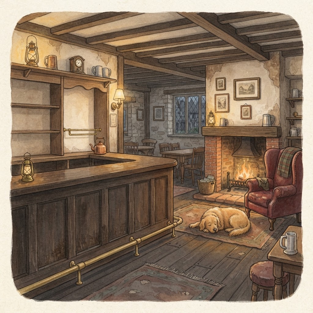 A cosy old-fashioned English village pub: a wooden bar, a glowing fireplace with a snug armchair and a sleeping dog by the hearth.