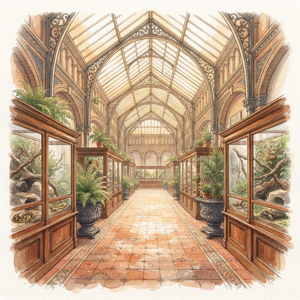 The grand Victorian reptile house interior with its glass exhibit cases.