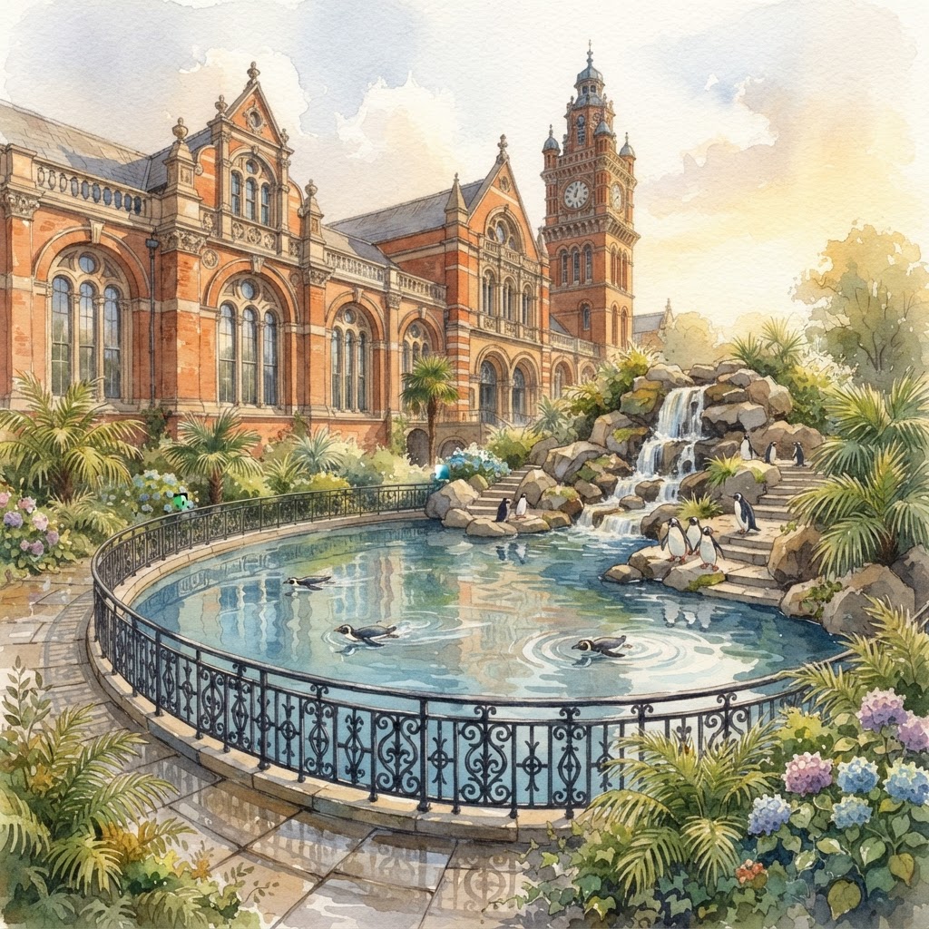 A grand Victorian penguin pool exhibit at the zoo.