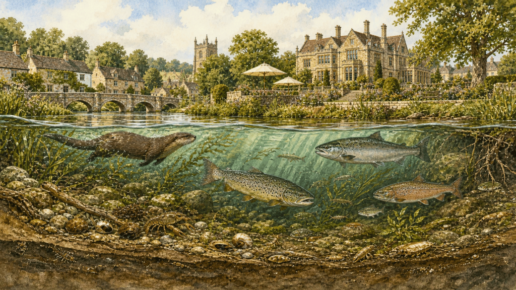 beneath the River Verse: an otter, salmon and brown trout swimming below the village bridge, crayfish and snails on the river bed