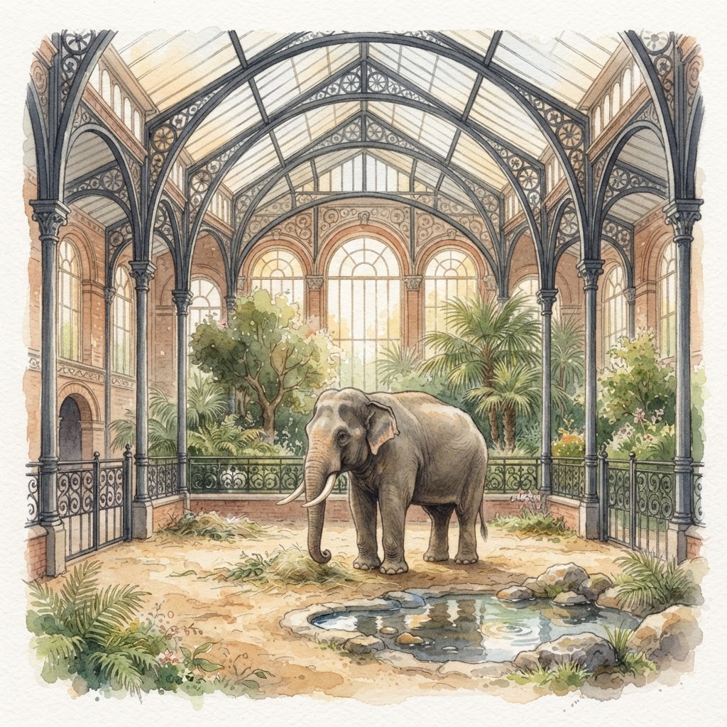 A grand Victorian elephant enclosure at the zoo.