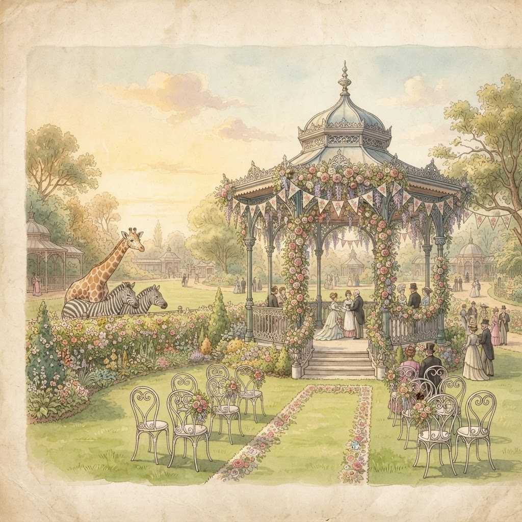 A grand Victorian wedding pavilion in the zoo with giraffes and zebras peeking over the hedge.