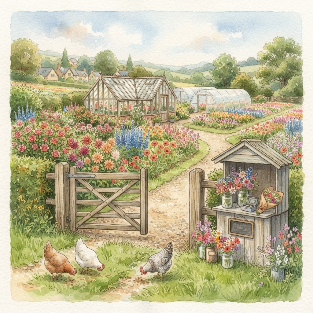 A village flower farm — polytunnels and a greenhouse behind a farm gate, a little honesty-box stall of cut flowers, in soft watercolour.