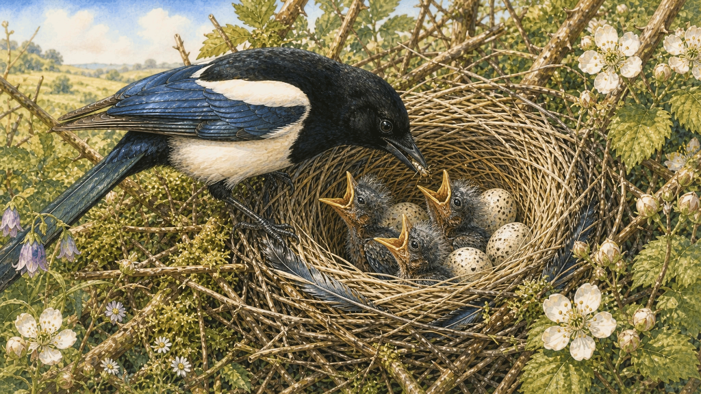 a magpie feeding her chicks in a nest surrounded by magpie cozy mystery books
