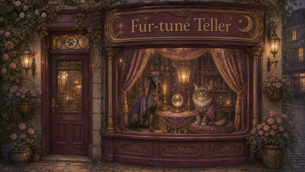 The exterior of Fur-tune Teller, a painted pet-psychic storefront at twilight: a dark plum door with a paw-print window, a large curved display window where a black greyhound and a brown tabby cat in mystical purple-and-gold robes sit around a glowing crystal ball, lanterns and rose bushes flanking the stone walls, a gold-lettered 'Fur-tune Teller' sign above.