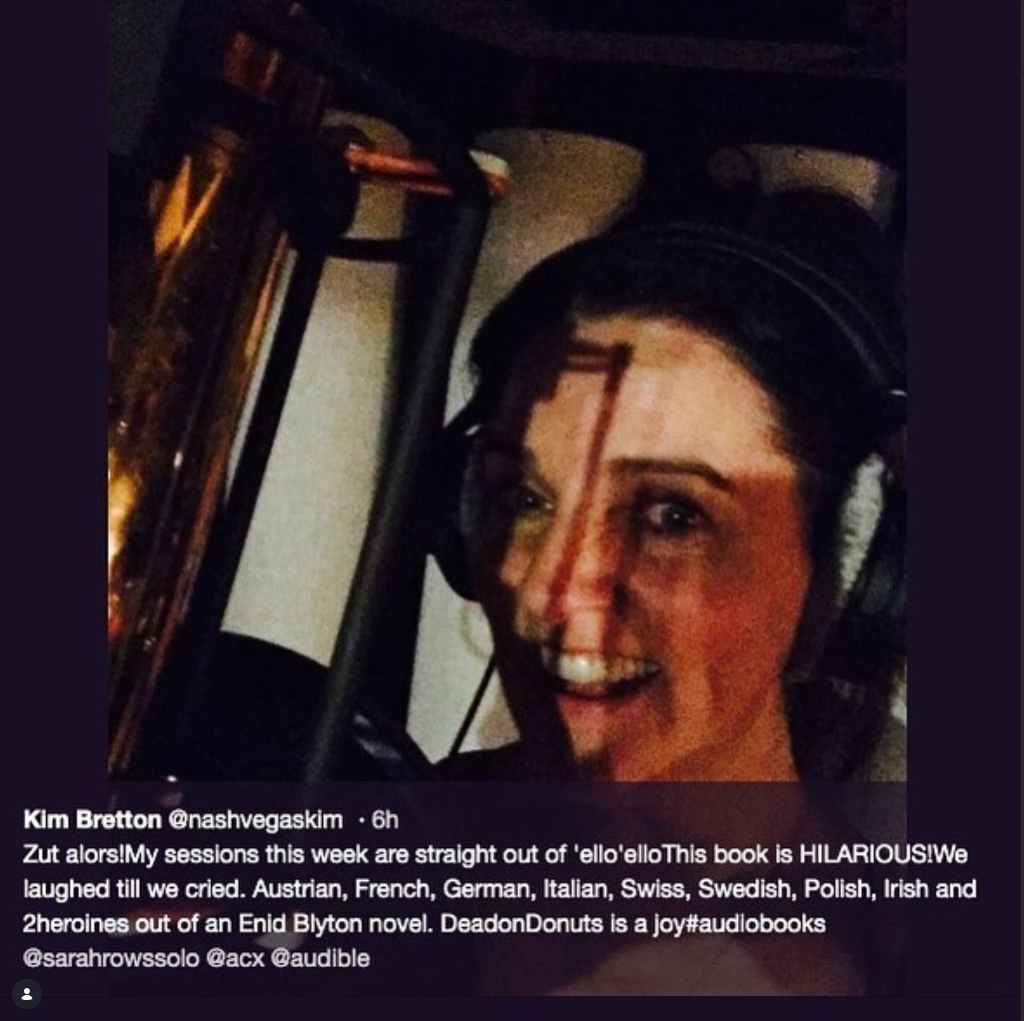 Kim Bretton narrating Dead on Doughnuts in the studio