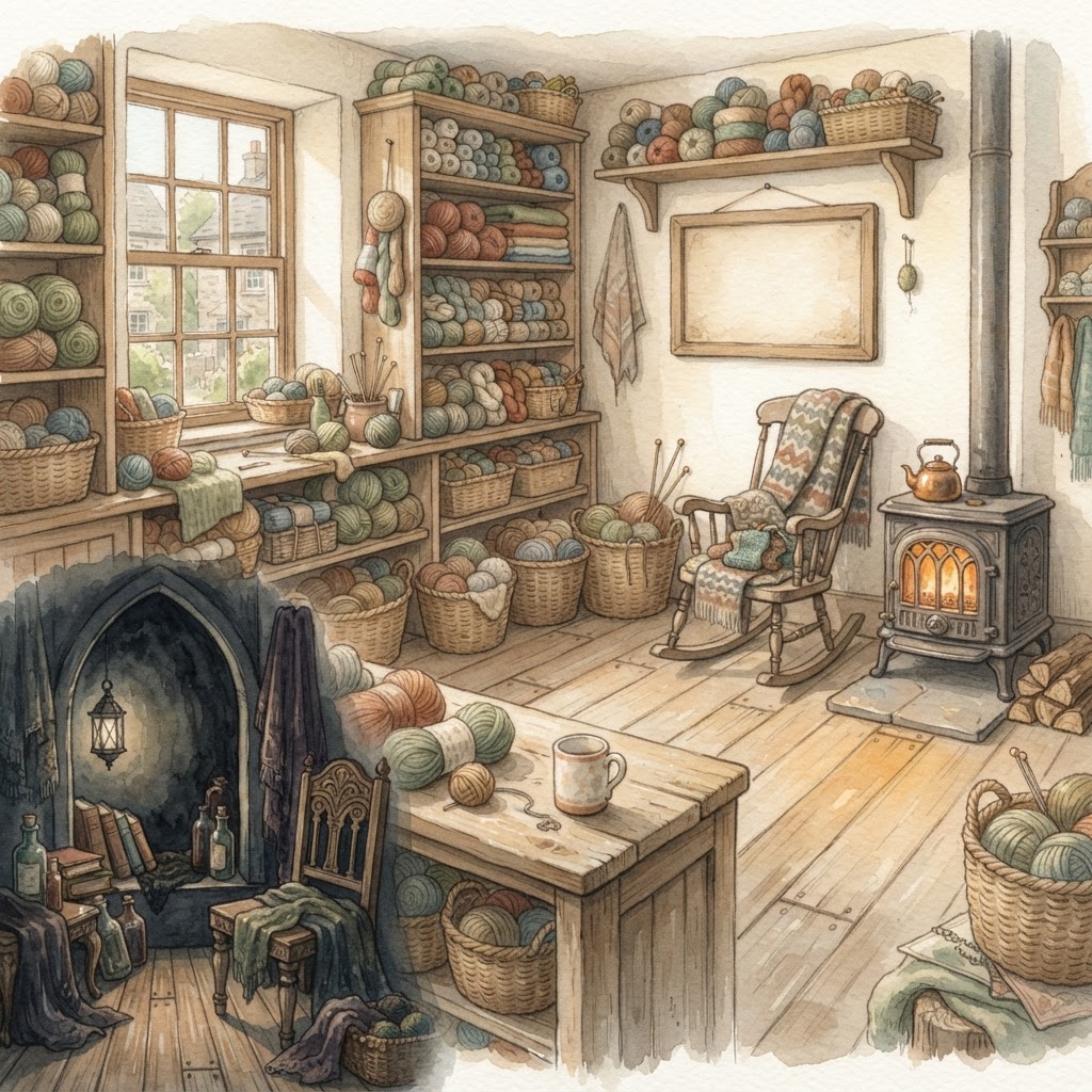 A cosy village knitting shop interior: shelves of yarn, a rocking chair, a cast-iron stove, afternoon light, a shadowy nook in one corner — soft watercolour.