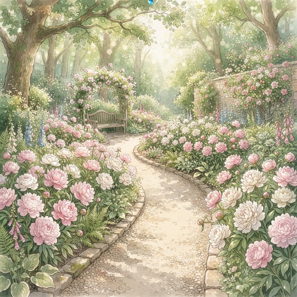 A tranquil bed of peonies in the botanical gardens, lush pink and white blooms under dappled sunlight.