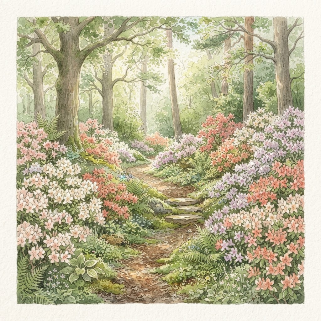 A tranquil woodland glade of azaleas in the botanical gardens, dappled sunlight on the blooms.