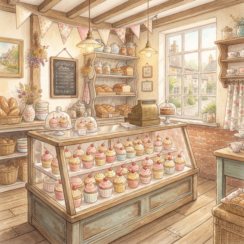 A cosy village bakery interior: a glass display counter full of frosted cupcakes with cherries, paper bunting and a chalkboard menu, warm light through a window — soft watercolour.