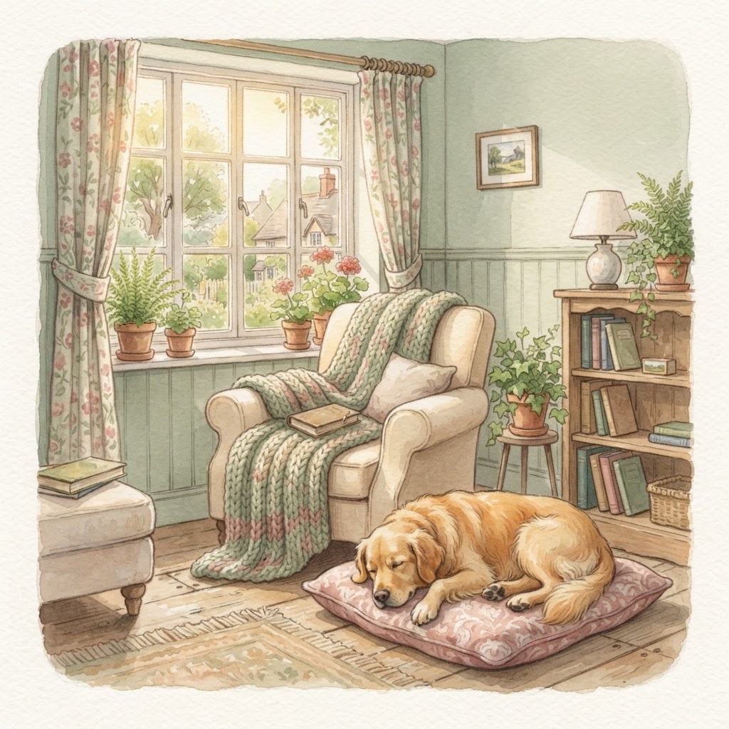 A gentle village hospital day-room: a sunny corner with an armchair, a knitted blanket, potted plants, floral curtains and a calm golden retriever therapy dog curled asleep — soft watercolour.